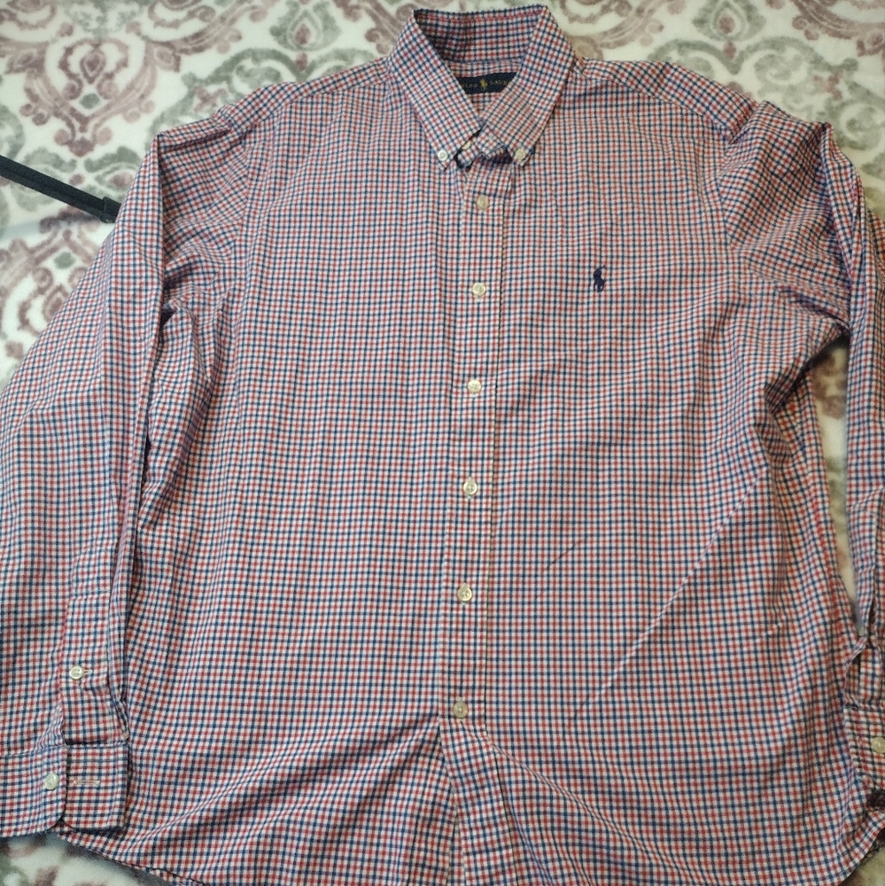 Ralph Lauren Men Large Button Up Down Striped Casual Dress Plaid Red White Blue